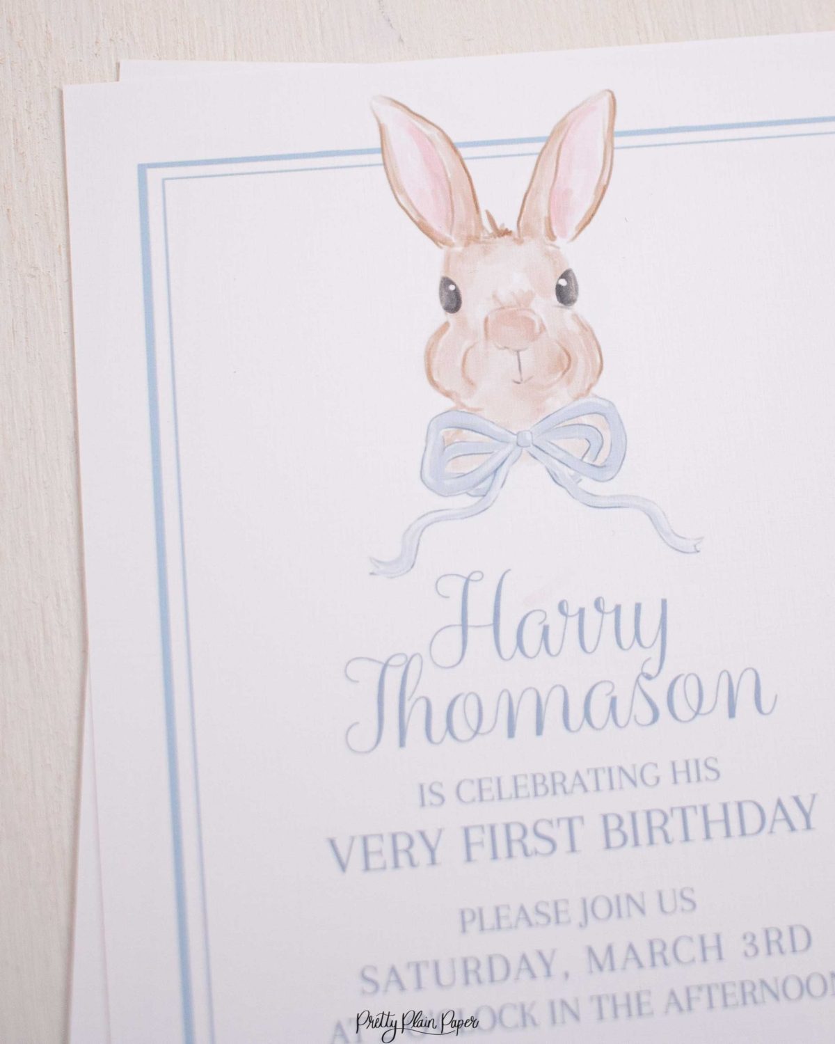 Watercolor Blue Bunny Invitation by Pretty Plain Paper for a Some Bunny is One Birthday Party or a Bunny Birthday Theme
