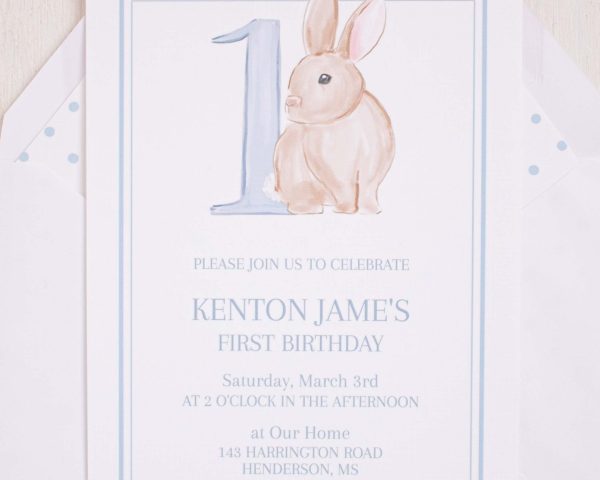 Watercolor Blue Bunny Invitation by Pretty Plain Paper for a Some Bunny is One Birthday Party or a Bunny Birthday Theme