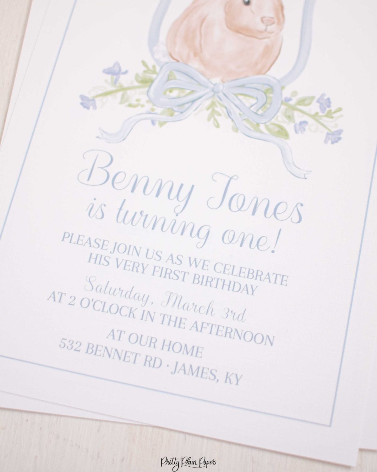 Watercolor Blue Bunny Invitation by Pretty Plain Paper for a Some Bunny is One Birthday Party or a Bunny Birthday Theme