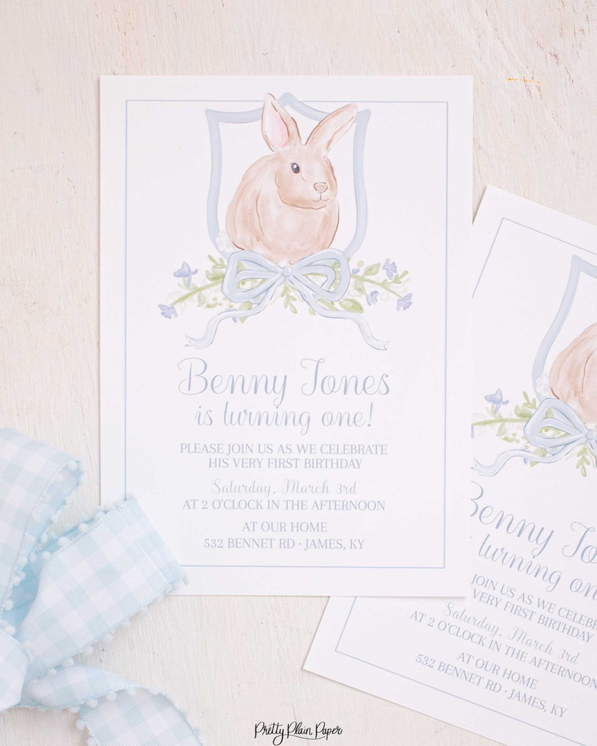 Watercolor Blue Bunny Invitation by Pretty Plain Paper for a Some Bunny is One Birthday Party or a Bunny Birthday Theme