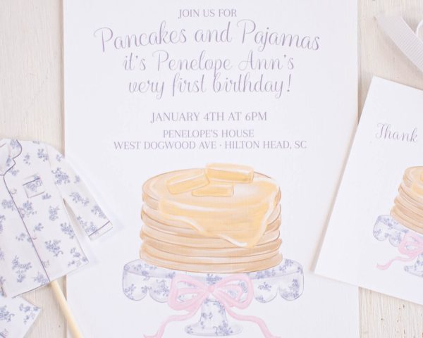 Watercolor Pancakes & Pajamas Birthday Party Invitation by Pretty Plain Paper for a Pancakes and Pajamas Party