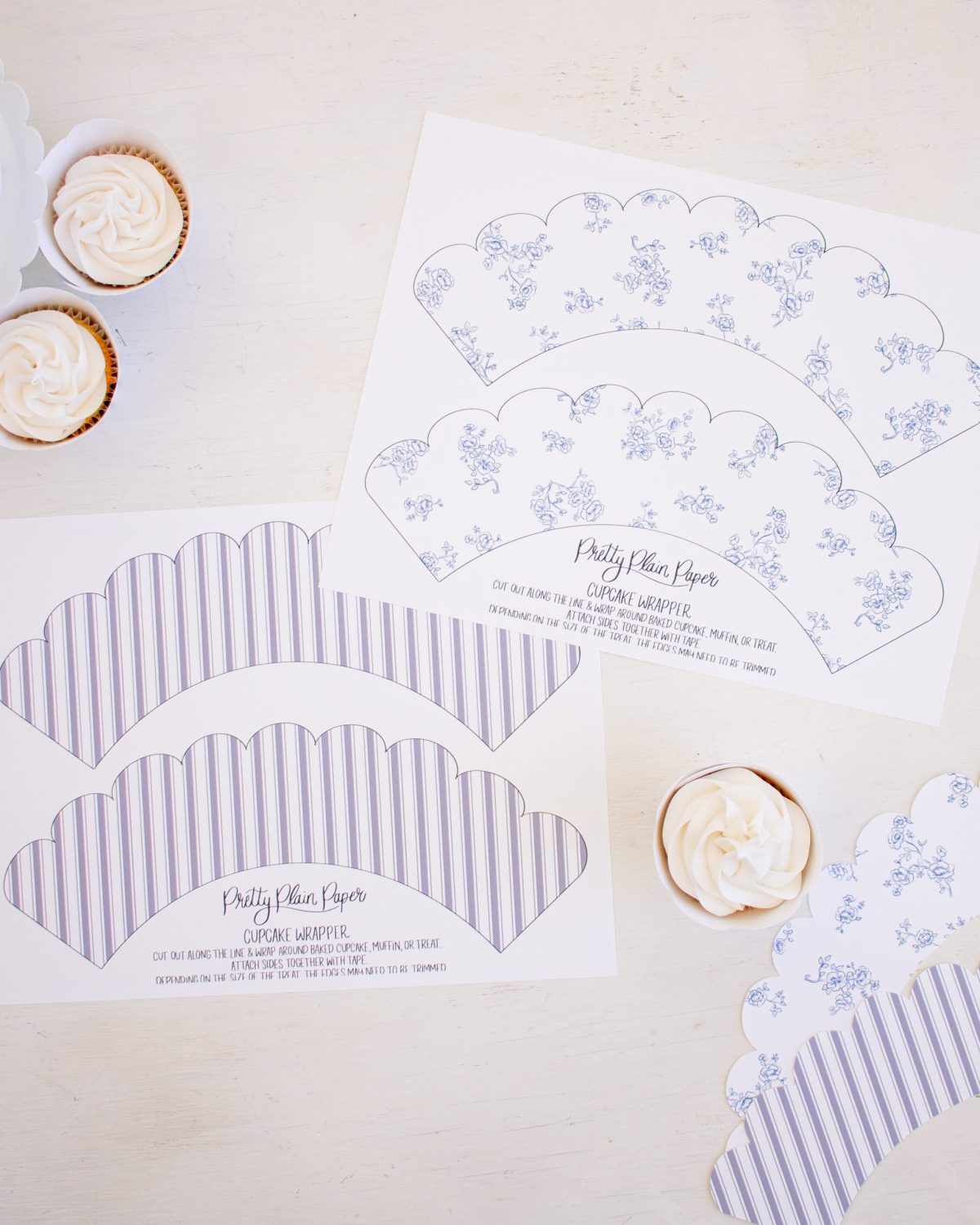 Watercolor Pancakes & Pajamas Birthday Party Blue Floral Cupcake Wrappers & Blue Stripe Cupcake Wrappers by Pretty Plain Paper for a Pancakes and Pajamas Party
