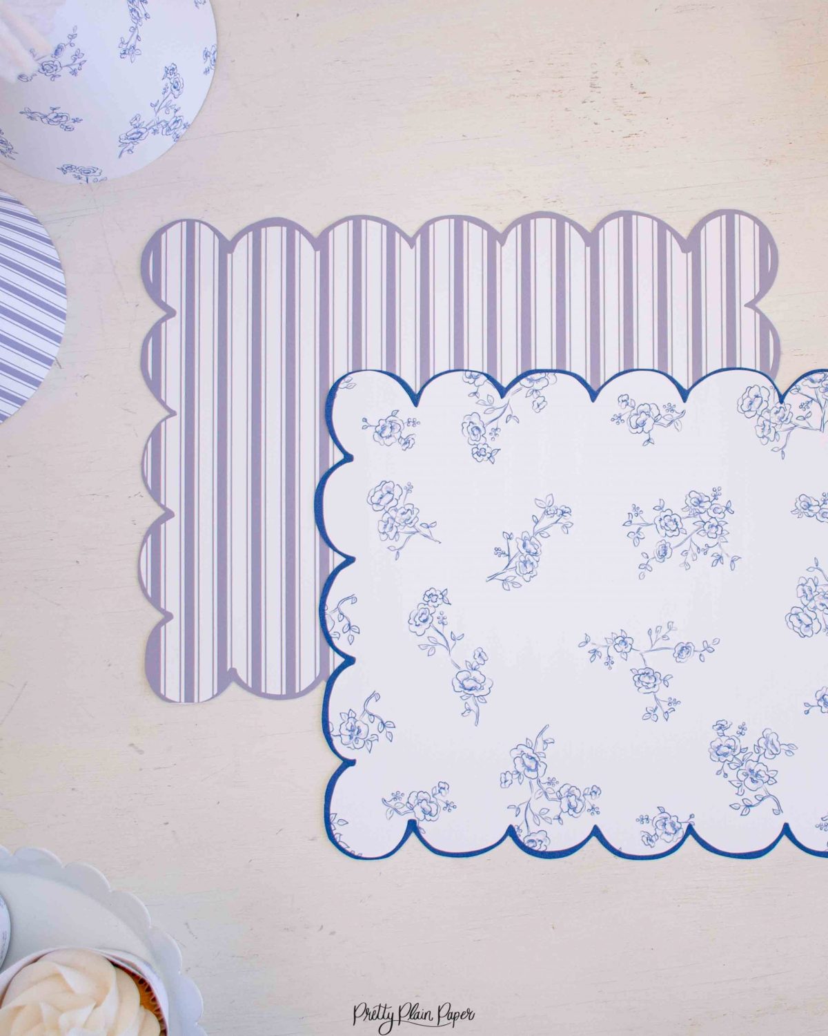 Watercolor Pancakes & Pajamas Birthday Party Blue Floral Placemats & Blue Stripe Placemats by Pretty Plain Paper for a Pancakes and Pajamas Party