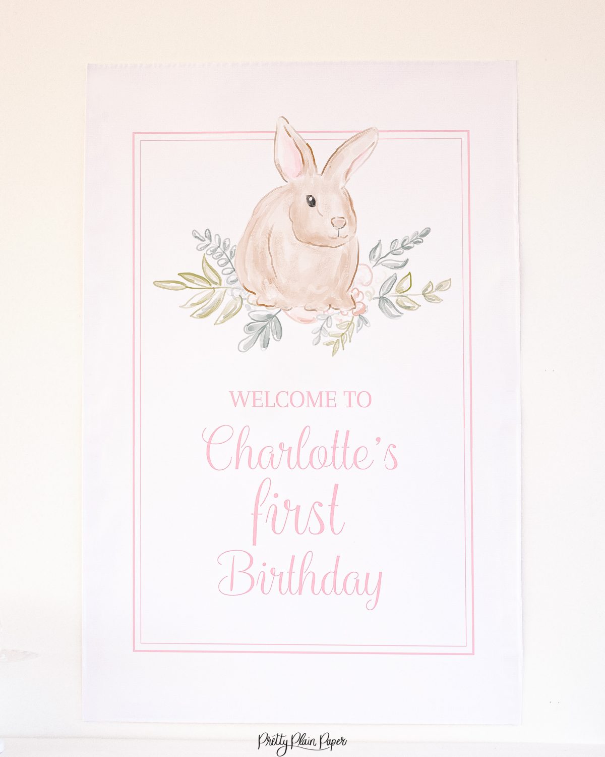 Watercolor Pink Bunny Birthday Party Welcome Sign by Pretty Plain Paper for a Some Bunny is One Birthday Party or a Bunny Birthday Theme