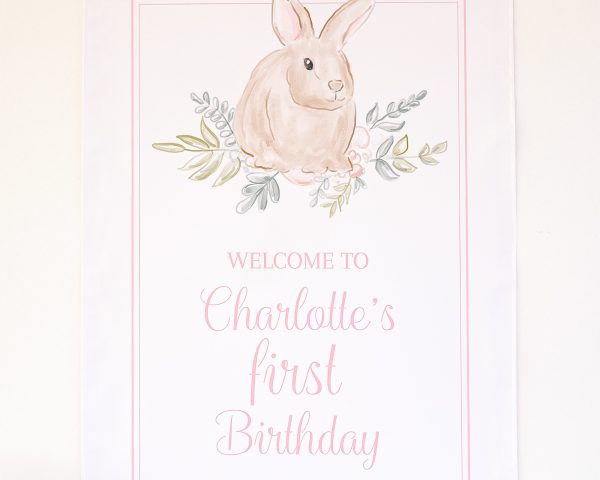 Watercolor Pink Bunny Birthday Party Welcome Sign by Pretty Plain Paper for a Some Bunny is One Birthday Party or a Bunny Birthday Theme