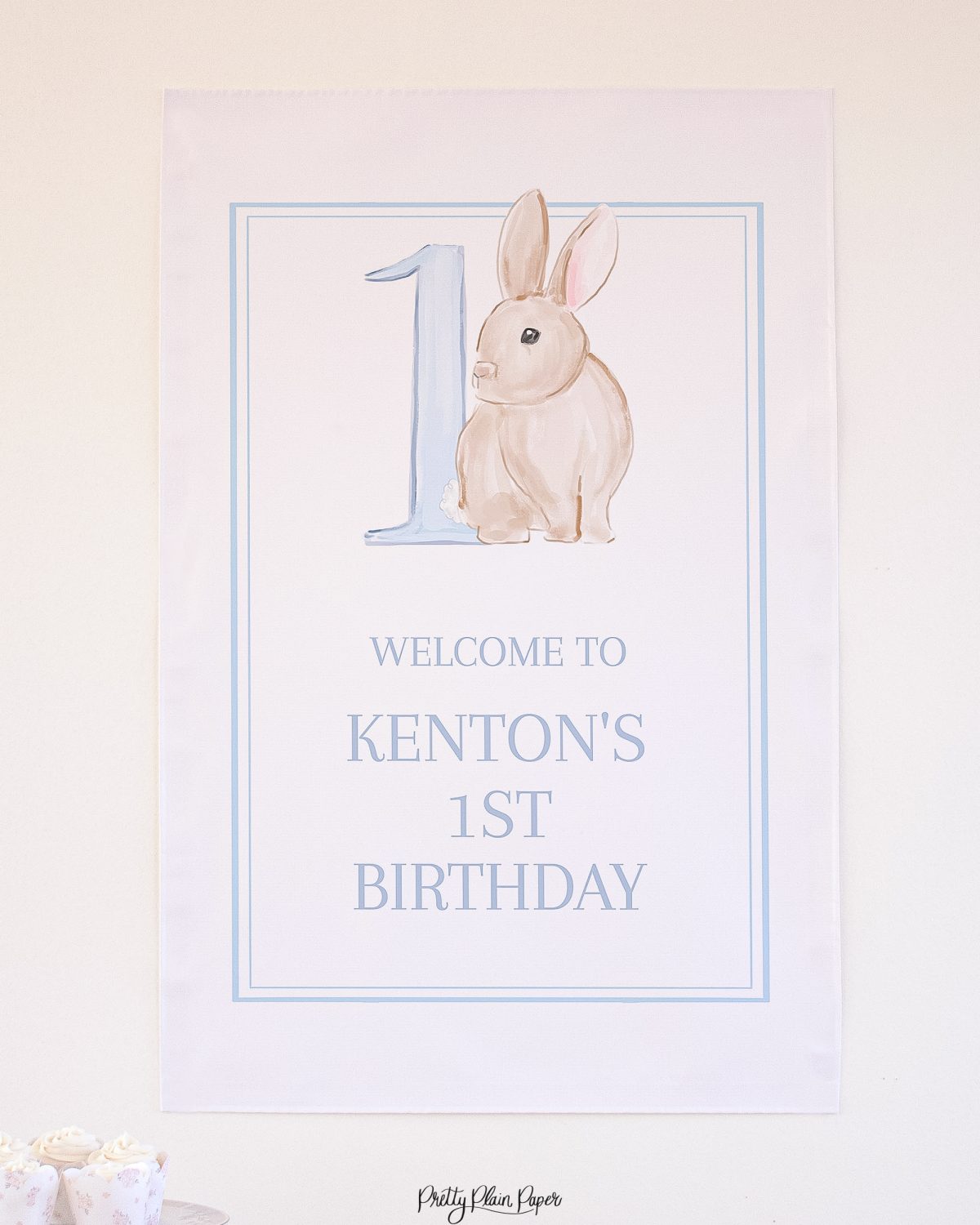 Watercolor Blue Bunny Birthday Party Welcome Sign by Pretty Plain Paper for a Some Bunny is One Birthday Party or a Bunny Birthday Theme