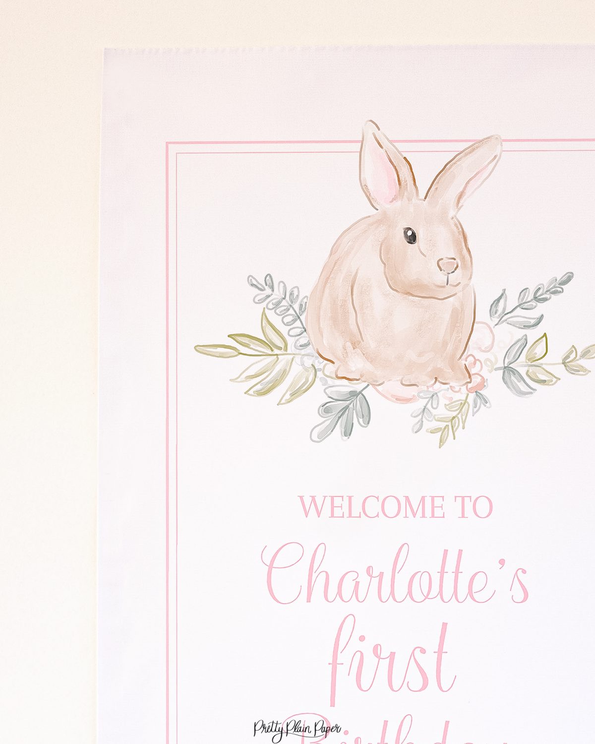 Watercolor Pink Bunny Birthday Party Welcome Sign by Pretty Plain Paper for a Some Bunny is One Birthday Party or a Bunny Birthday Theme