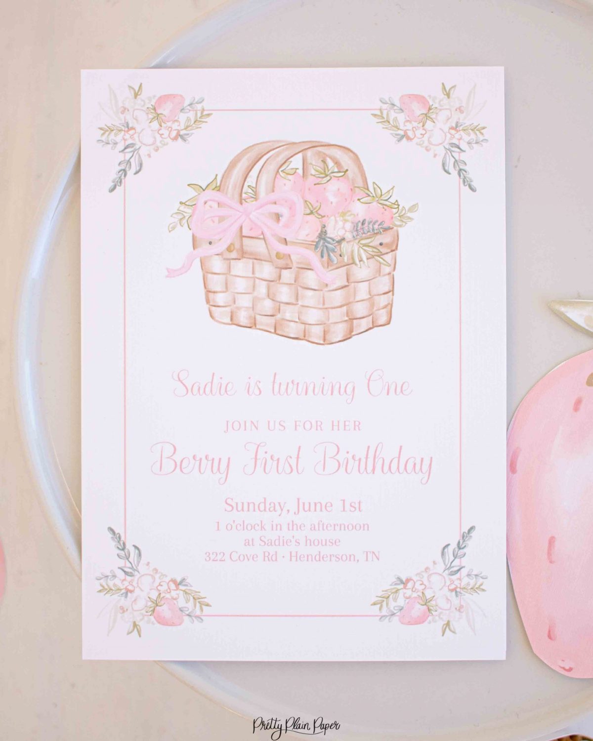 Pink Strawberry and Floral Birthday Invitation for a Watercolor Berry First Birthday Invitation, a Watercolor Berry Sweet Birthday Invitation, or a Watercolor Pink Strawberry Party, Watercolor Strawberry, Pink Gingham, and Florals & other Birthday Party Decor Printables by Pretty Plain Paper, Strawberry Theme Birthday Party Decor