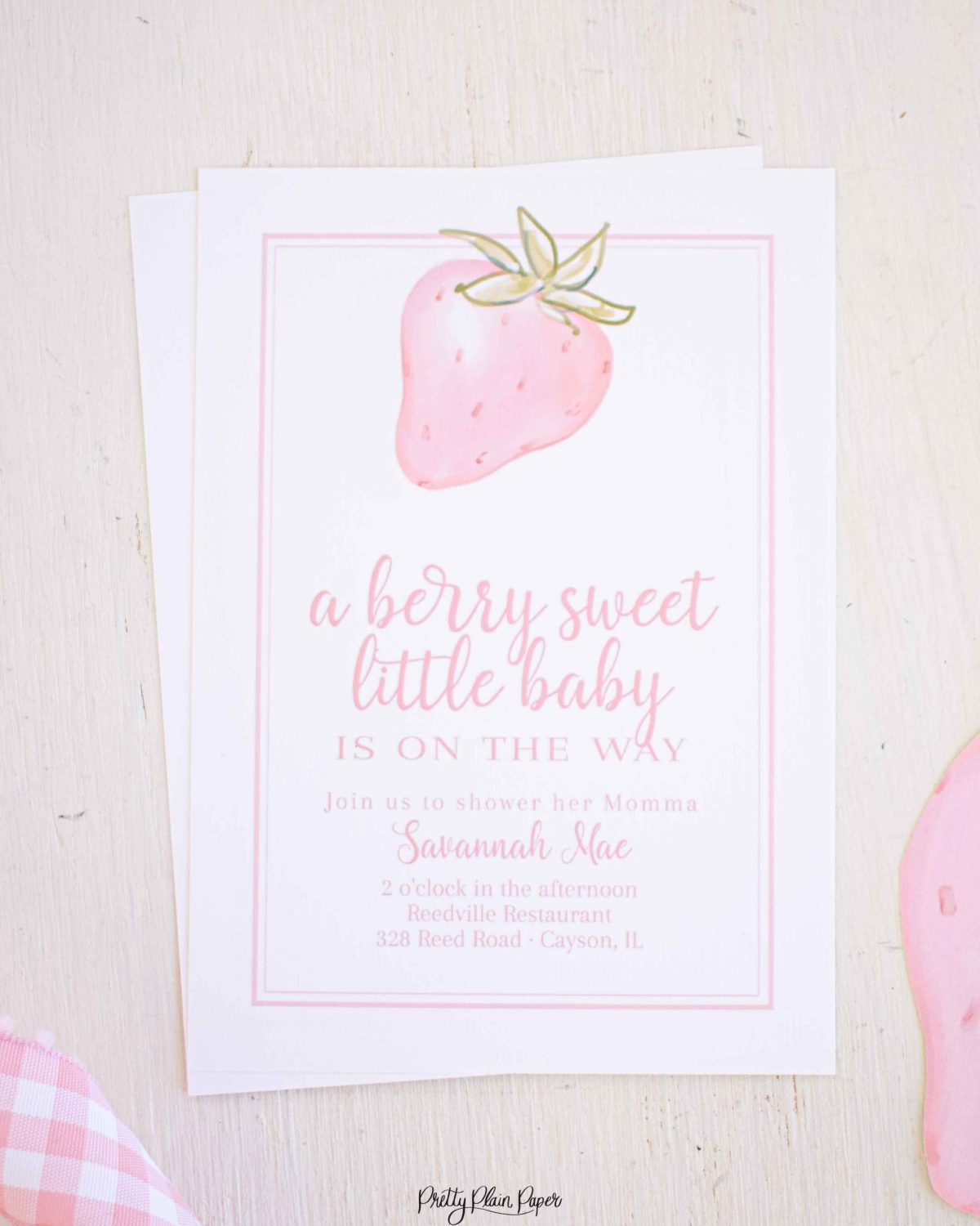 Pink Strawberry Baby Shower Invitation for a Watercolor Berry Sweet Little Baby Shower Invitation, or a Watercolor Strawberry Baby Shower Invitation or a Watercolor Pink Strawberry Party, Watercolor Strawberry, Pink Gingham, and Florals & other Birthday Party Decor Printables by Pretty Plain Paper, Strawberry Theme Birthday Party Decor