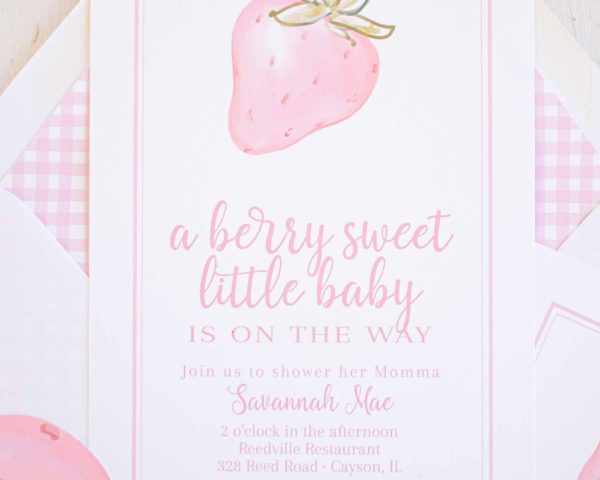 Pink Strawberry Baby Shower Invitation for a Watercolor Berry Sweet Little Baby Shower Invitation, or a Watercolor Strawberry Baby Shower Invitation or a Watercolor Pink Strawberry Party, Watercolor Strawberry, Pink Gingham, and Florals & other Birthday Party Decor Printables by Pretty Plain Paper, Strawberry Theme Birthday Party Decor