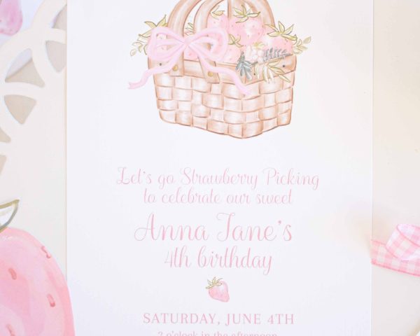 Pink Strawberry and Floral Birthday Invitation for a Watercolor Berry First Birthday Invitation, a Watercolor Berry Sweet Birthday Invitation, or a Watercolor Pink Strawberry Party, Watercolor Strawberry, Pink Gingham, and Florals & other Birthday Party Decor Printables by Pretty Plain Paper, Strawberry Theme Birthday Party Decor