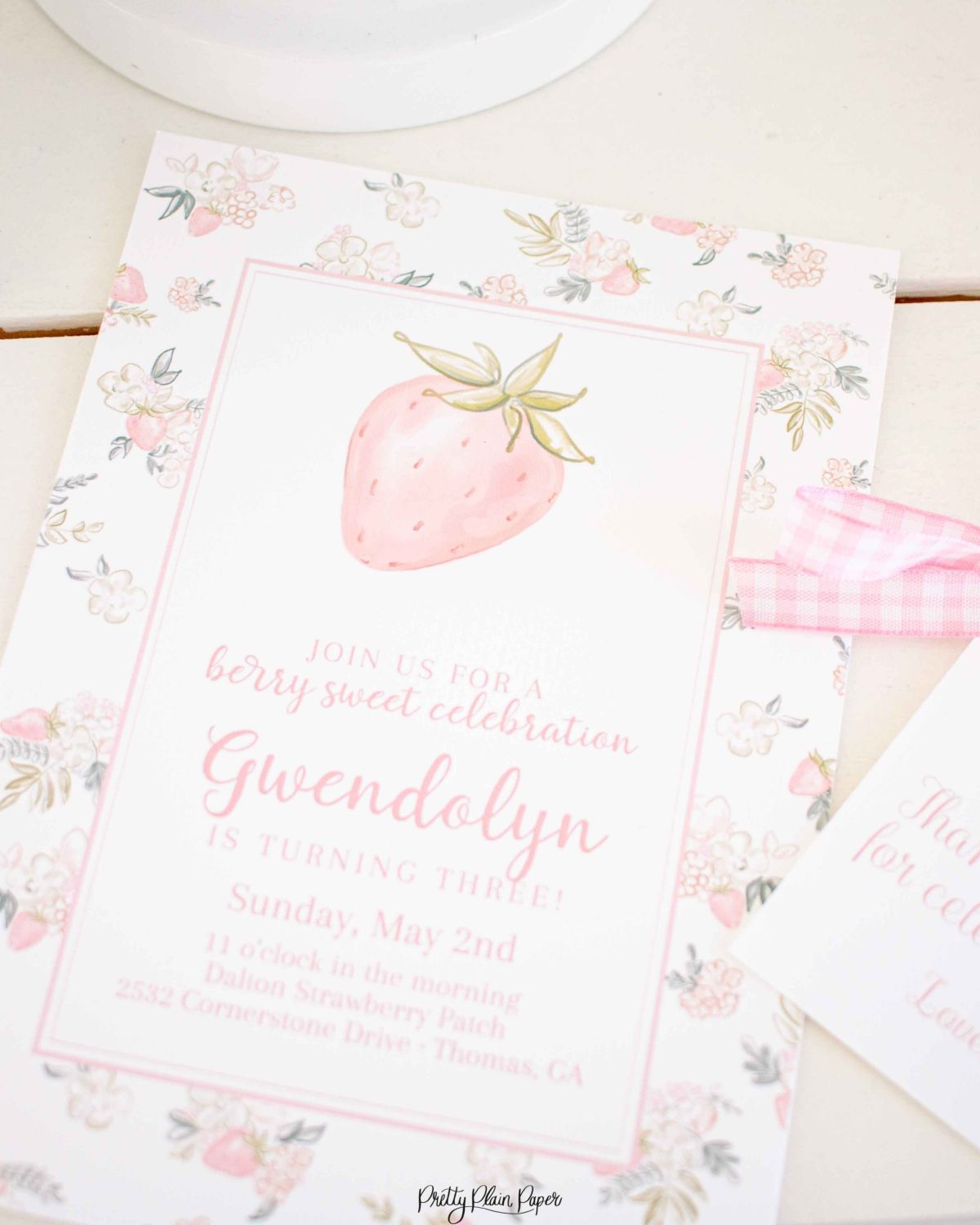 Pink Strawberry and Floral Birthday Invitation for a Watercolor Berry First Birthday Invitation, a Watercolor Berry Sweet Birthday Invitation, or a Watercolor Pink Strawberry Party, Watercolor Strawberry, Pink Gingham, and Florals & other Birthday Party Decor Printables by Pretty Plain Paper, Strawberry Theme Birthday Party Decor