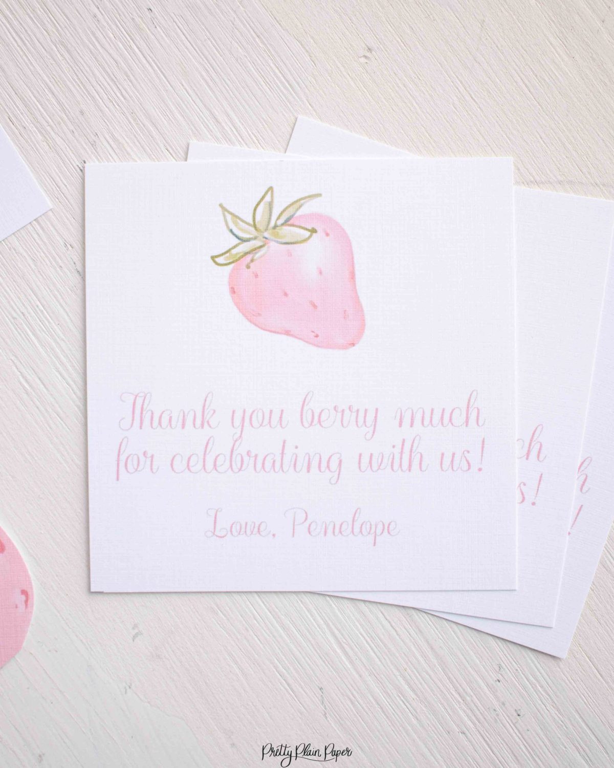 Pink Strawberry Party Favor Tag with Watercolor Strawberry, Pink Gingham, and Florals & other Birthday Party Decor Printables by Pretty Plain Paper, Strawberry Theme Birthday Party Decor