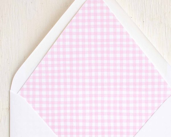 Pink Strawberry Invitation Envelope Liner with Watercolor Strawberry, Pink Gingham, and Florals & other Birthday Party Decor Printables by Pretty Plain Paper, Strawberry Theme Birthday Party Decor