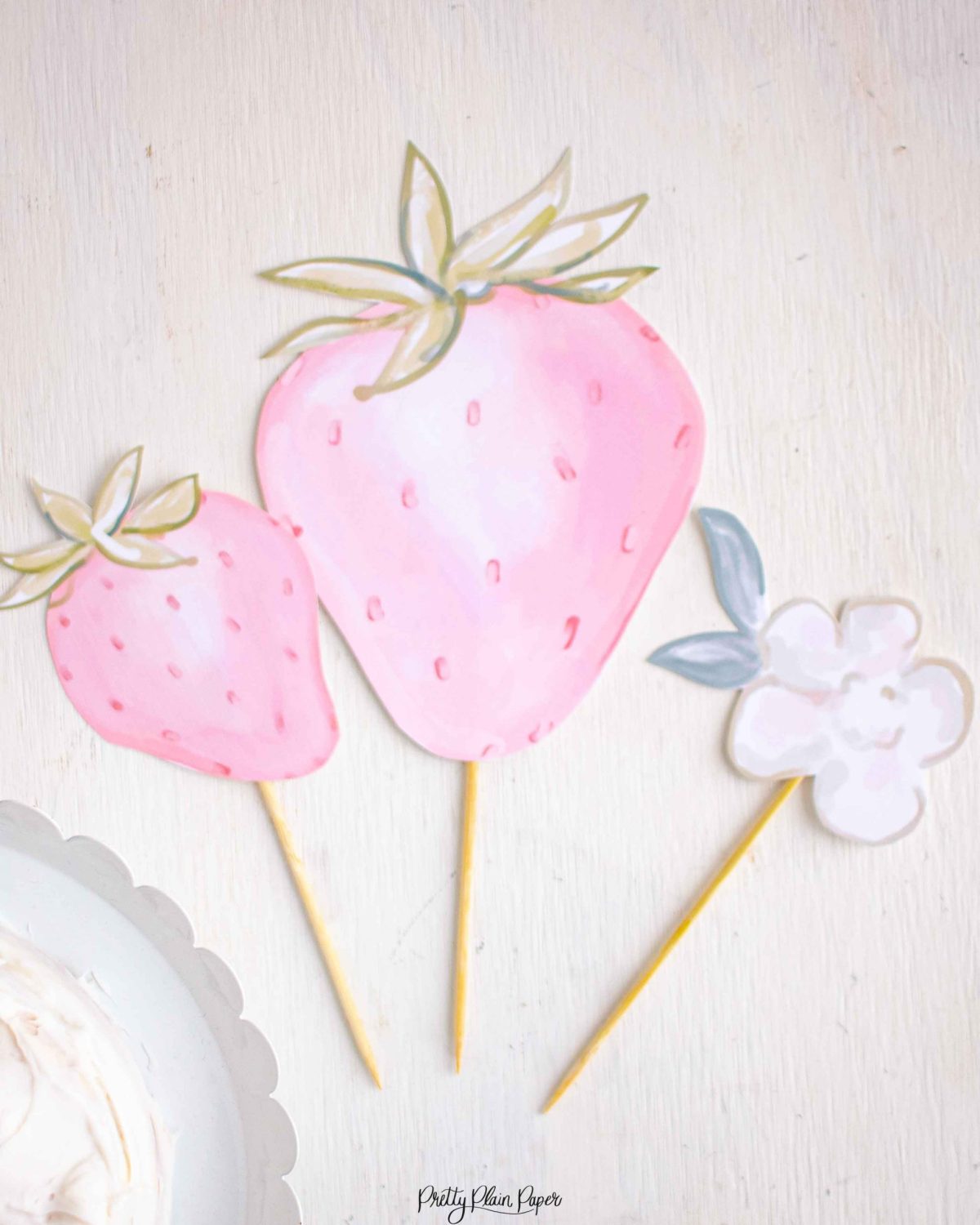 Pink Strawberry Birthday Cake Toppers with Watercolor Strawberry and Floral & other Party Decor Printables by Pretty Plain Paper, Strawberry Theme Birthday Party Decor