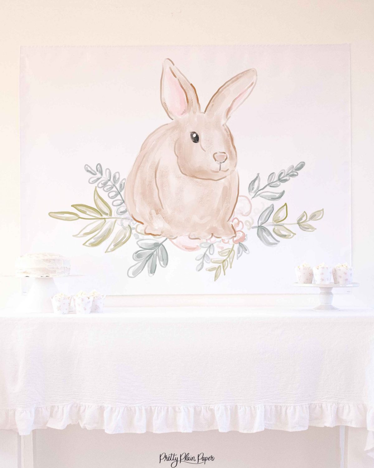 Watercolor Pink Floral Bunny Birthday Party Backdrop by Pretty Plain Paper for a Some Bunny is One Birthday Party or a Bunny Birthday Theme