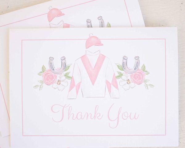 Watercolor Horse Racing and Pink Jockey Thank You Card by Pretty Plain Paper