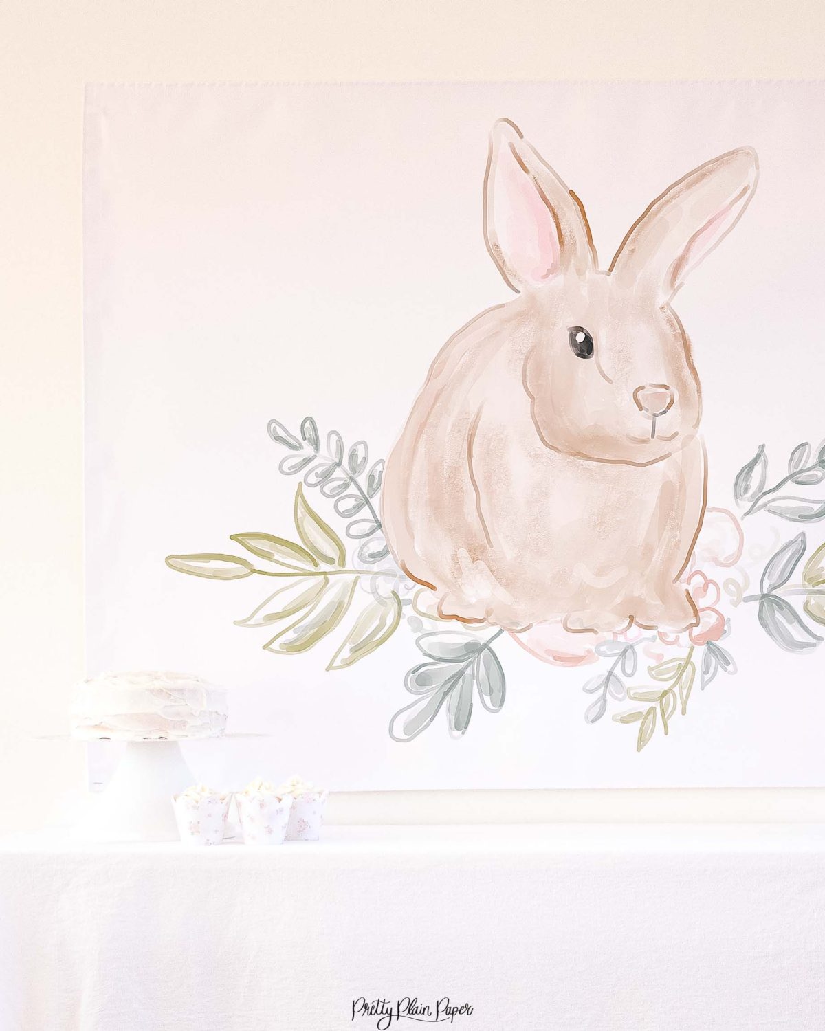 Watercolor Pink Floral Bunny Birthday Party Backdrop by Pretty Plain Paper for a Some Bunny is One Birthday Party or a Bunny Birthday Theme
