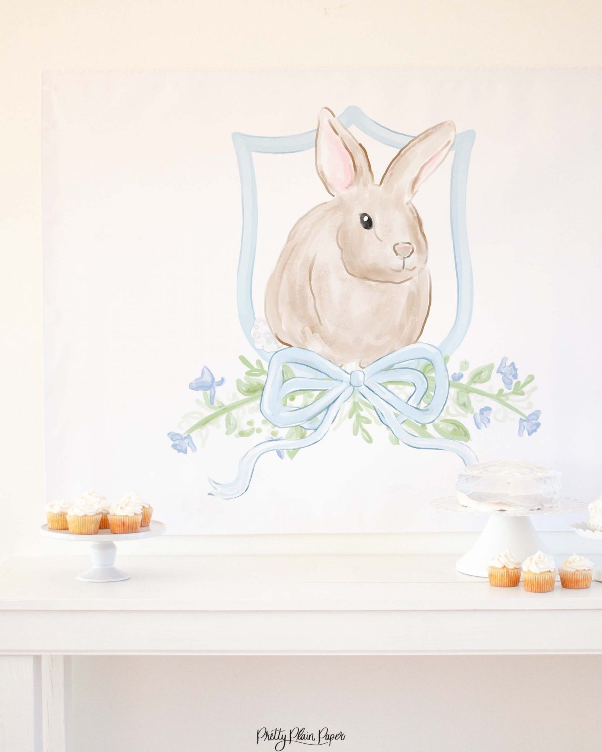 Watercolor Blue Bunny Birthday Party Backdrop by Pretty Plain Paper for a Some Bunny is One Birthday Party or a Bunny Birthday Theme