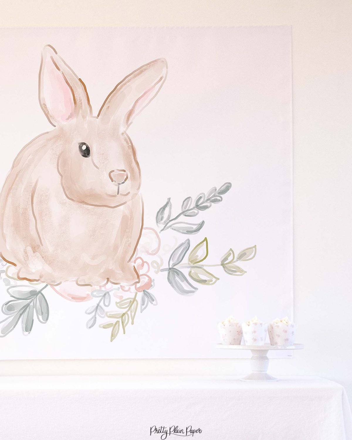 Watercolor Pink Floral Bunny Birthday Party Backdrop by Pretty Plain Paper for a Some Bunny is One Birthday Party or a Bunny Birthday Theme