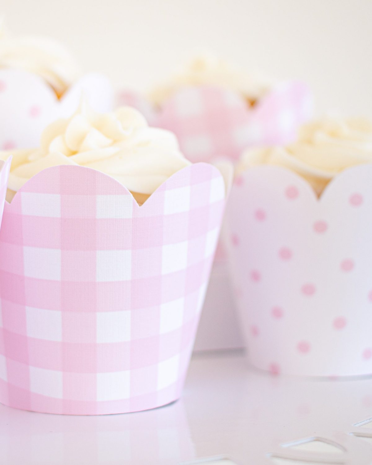 Pink Gingham and Pink Pattern Dot Cupcake Wrappers by Pretty Plain Paper