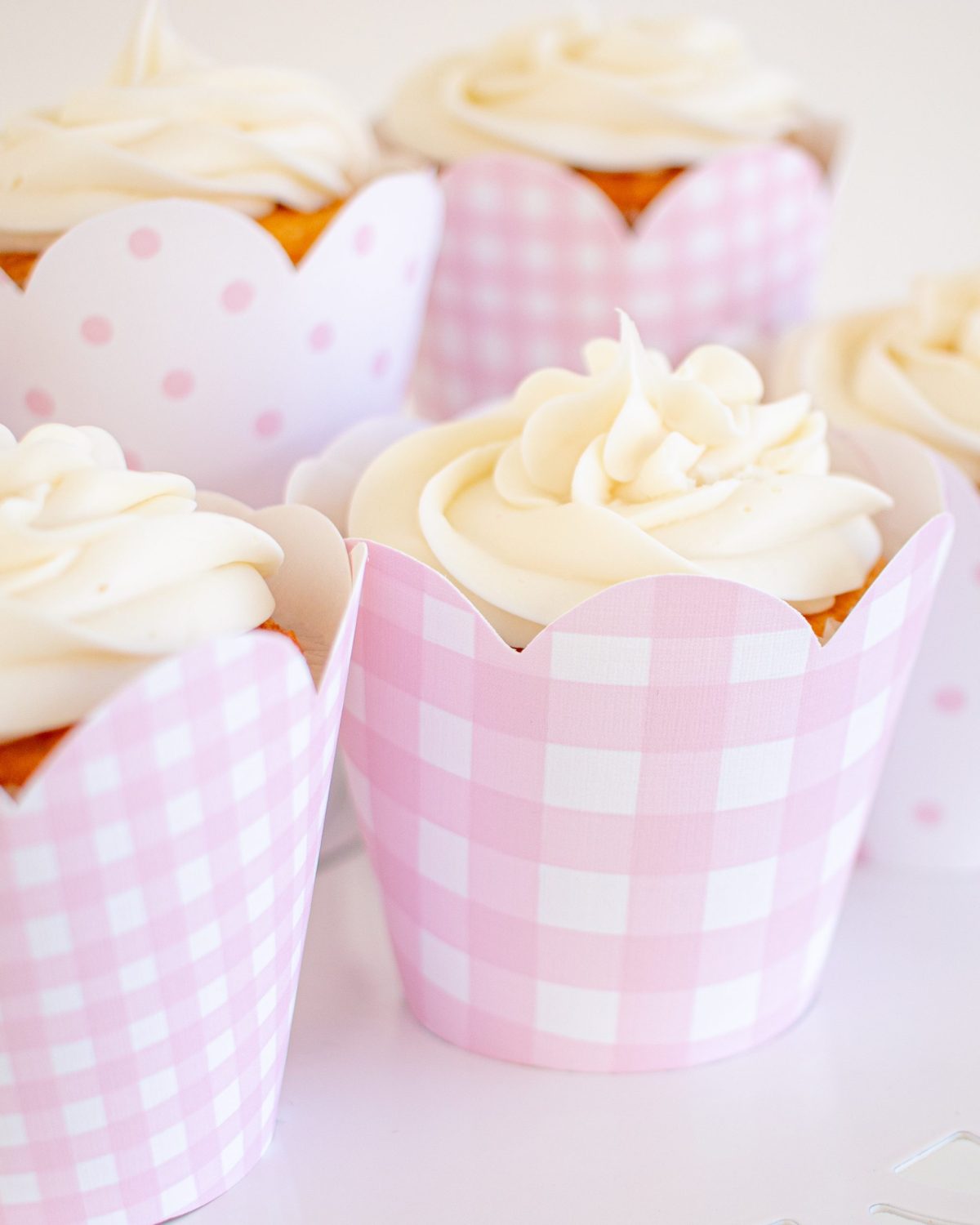 Pink Gingham and Pink Pattern Dot Cupcake Wrappers by Pretty Plain Paper