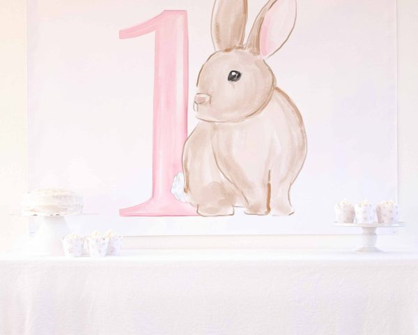 Watercolor Pink Floral Bunny Birthday Party Backdrop by Pretty Plain Paper for a Some Bunny is One Birthday Party or a Bunny Birthday Theme