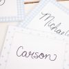 Blue Gingham and Dot Pattern Place Cards or Food and Beverage Labels for a Blue Gingham Birthday by Pretty Plain Paper
