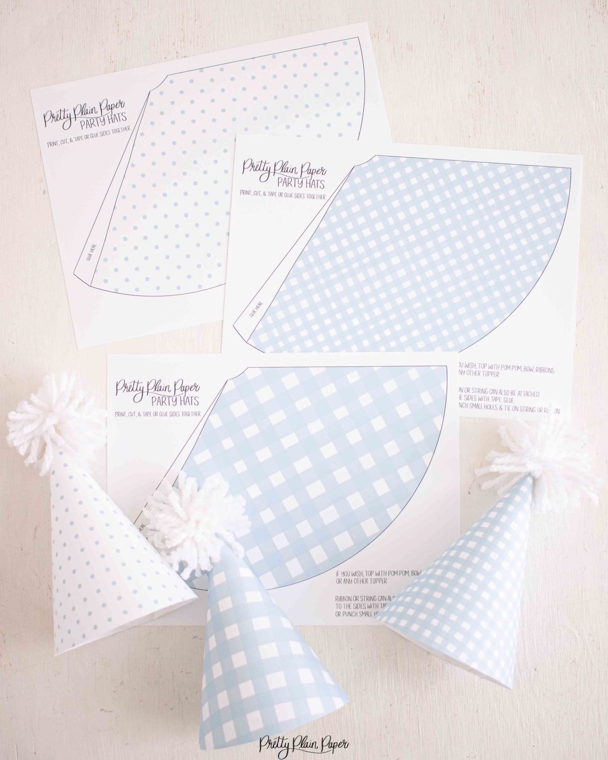 Blue Gingham Pattern Party Hats & Blue Polka Dots Party Hats by Pretty Plain Paper