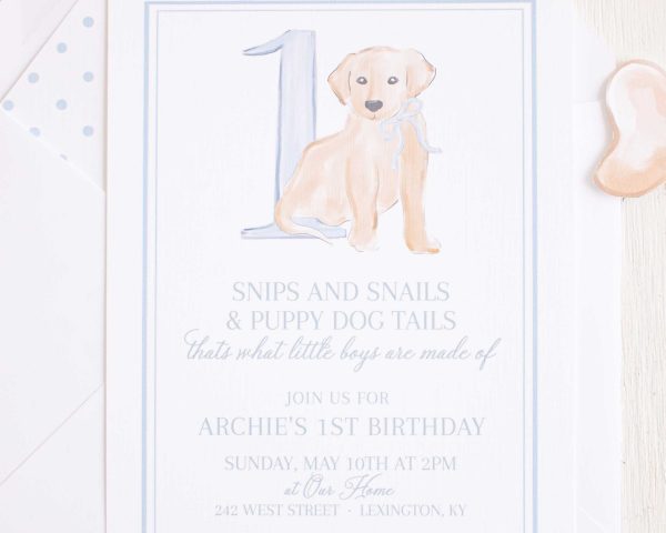 Watercolor Puppy First Birthday Invitation, Watercolor Party by Pretty Plain Paper for a Snips and Snails and Puppy Dog Tails Birthday Party