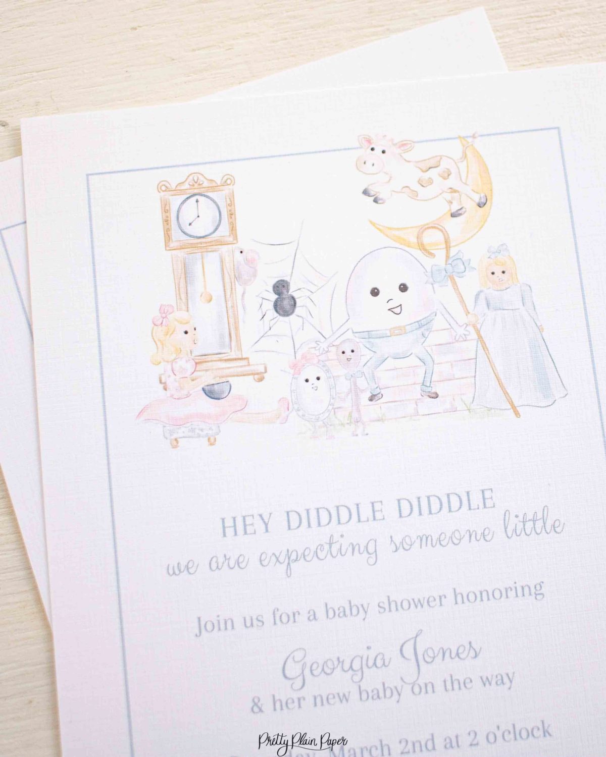 Watercolor Nursery Rhyme Invitation by Pretty Plain Paper for a Mother Goose Birthday Party OR Baby Shower