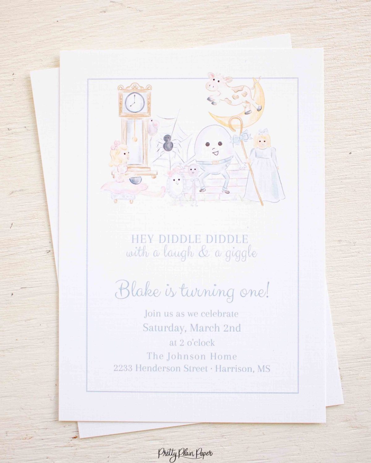 Watercolor Nursery Rhyme Invitation by Pretty Plain Paper for a Mother Goose Birthday Party OR Baby Shower