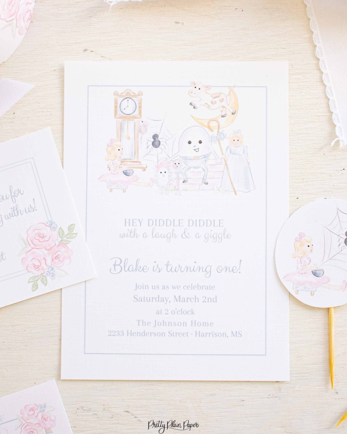 Watercolor Nursery Rhyme Invitation by Pretty Plain Paper for a Mother Goose Birthday Party OR Baby Shower