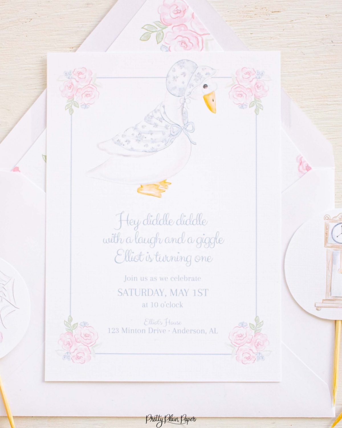 Watercolor Nursery Rhyme Invitation by Pretty Plain Paper for a Mother Goose Birthday Party OR Baby Shower