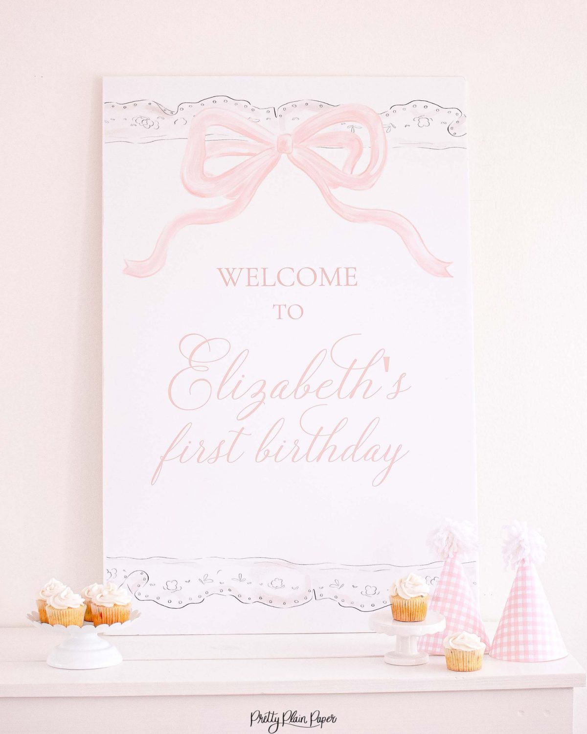 Watercolor Pink Bow Birthday Party, Invitation and Backdrop and Matching Party Decor by Pretty Plain Paper