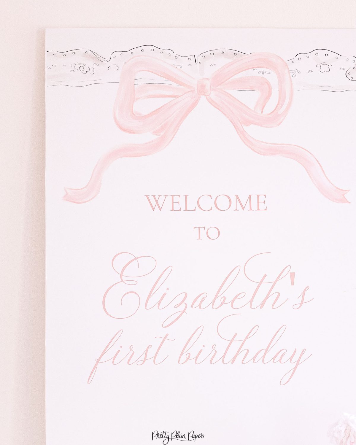 Watercolor Pink Bow Birthday Party, Invitation and Backdrop and Matching Party Decor by Pretty Plain Paper