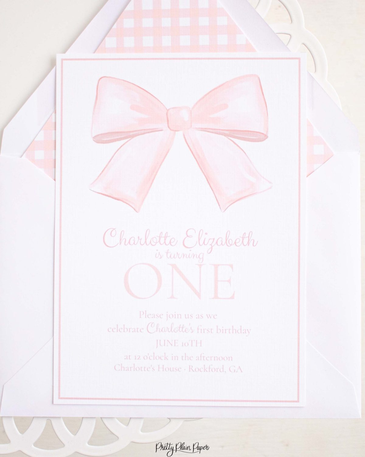 Watercolor Pink Bow Birthday Party, Invitation and Backdrop and Matching Party Decor by Pretty Plain Paper