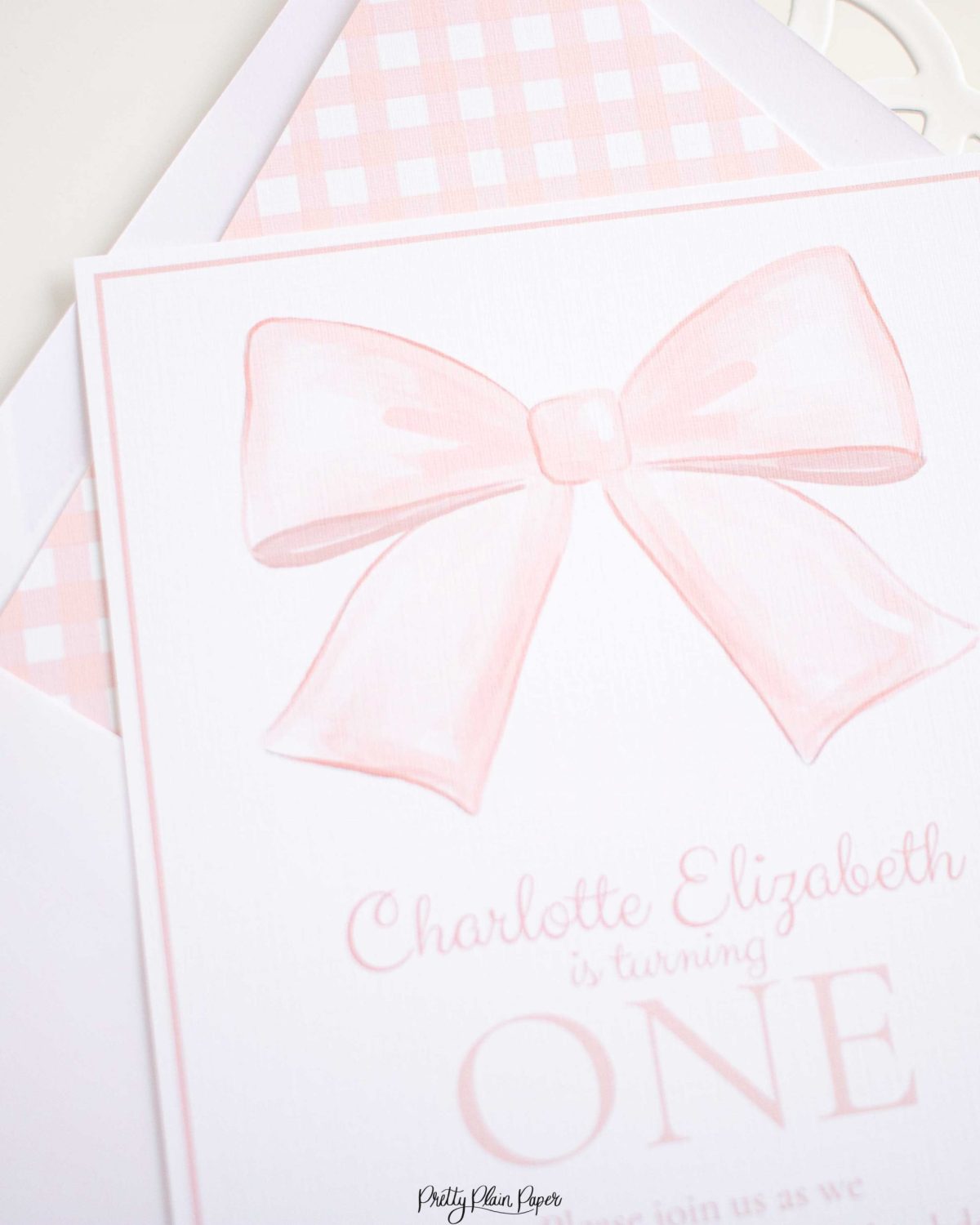 Watercolor Pink Bow Birthday Party, Invitation and Backdrop and Matching Party Decor by Pretty Plain Paper