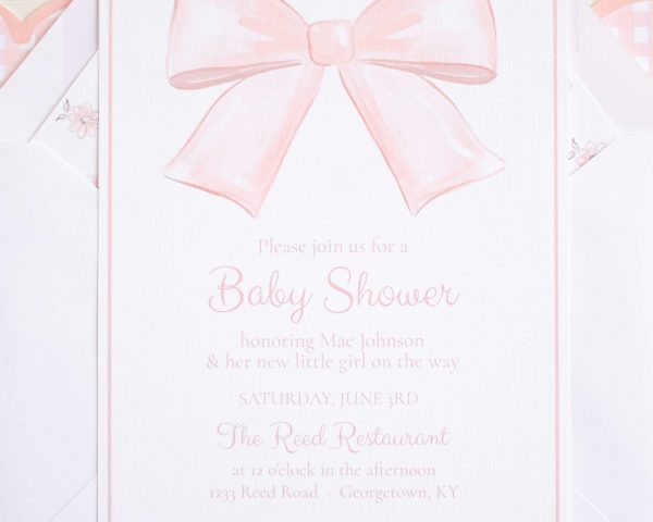 Watercolor Pink Bow Birthday Party, Invitation and Backdrop and Matching Party Decor by Pretty Plain Paper
