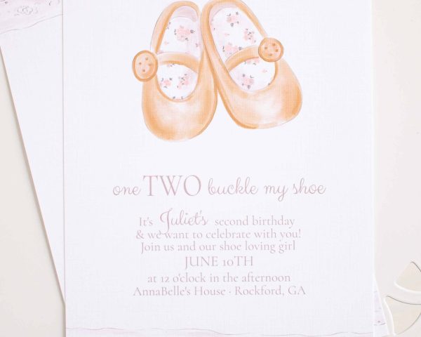 One two buckle my shoe birthday party invitation for a one two buckle my shoe party. Watercolor party printables by Pretty Plain Paper