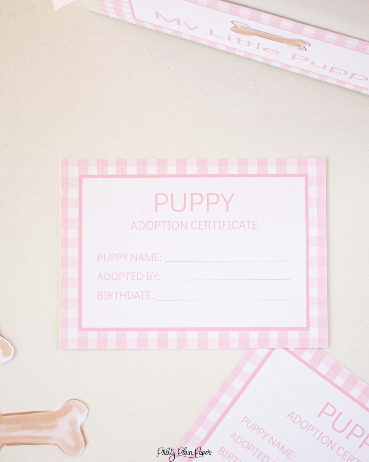 Adopt a Puppy Certificate for a Pink Gingham Puppy Party Favor or Party Activity by Pretty Plain Paper; A Watercolor Pink Puppy Party Set