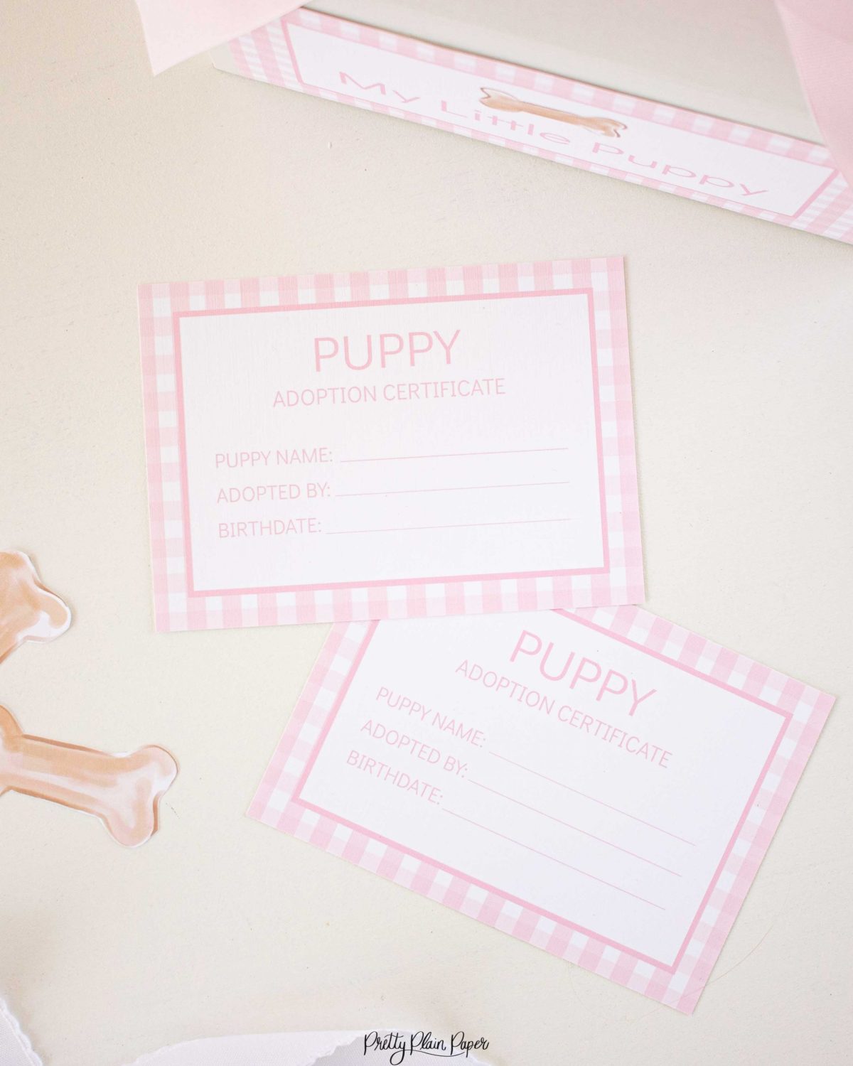 Adopt a Puppy Certificate for a Pink Gingham Puppy Party Favor or Party Activity by Pretty Plain Paper; A Watercolor Pink Puppy Party Set