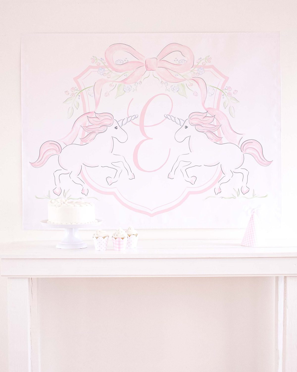 Watercolor Pink Unicorn Party Backdrop by Pretty Plain Paper for a Pink Unicorn Birthday or a Pink Unicorn Baby Shower