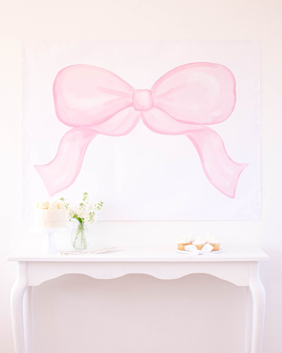 Watercolor Pink Bow Party Backdrop by Pretty Plain Paper for a Pink Bow Birthday or a Pink Bow Baby Shower