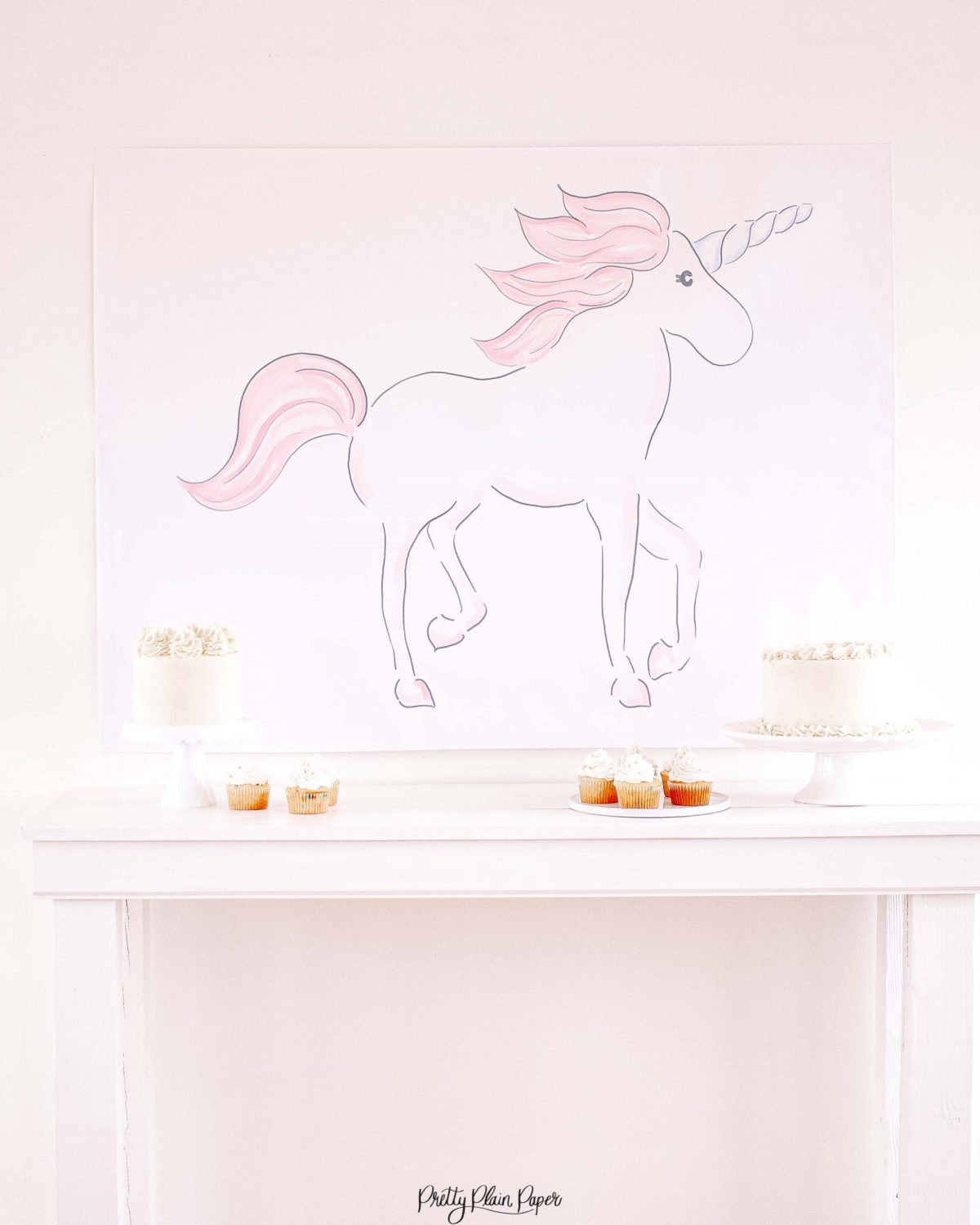 Watercolor Pink Unicorn Party Backdrop by Pretty Plain Paper for a Pink Unicorn Birthday or a Pink Unicorn Baby Shower