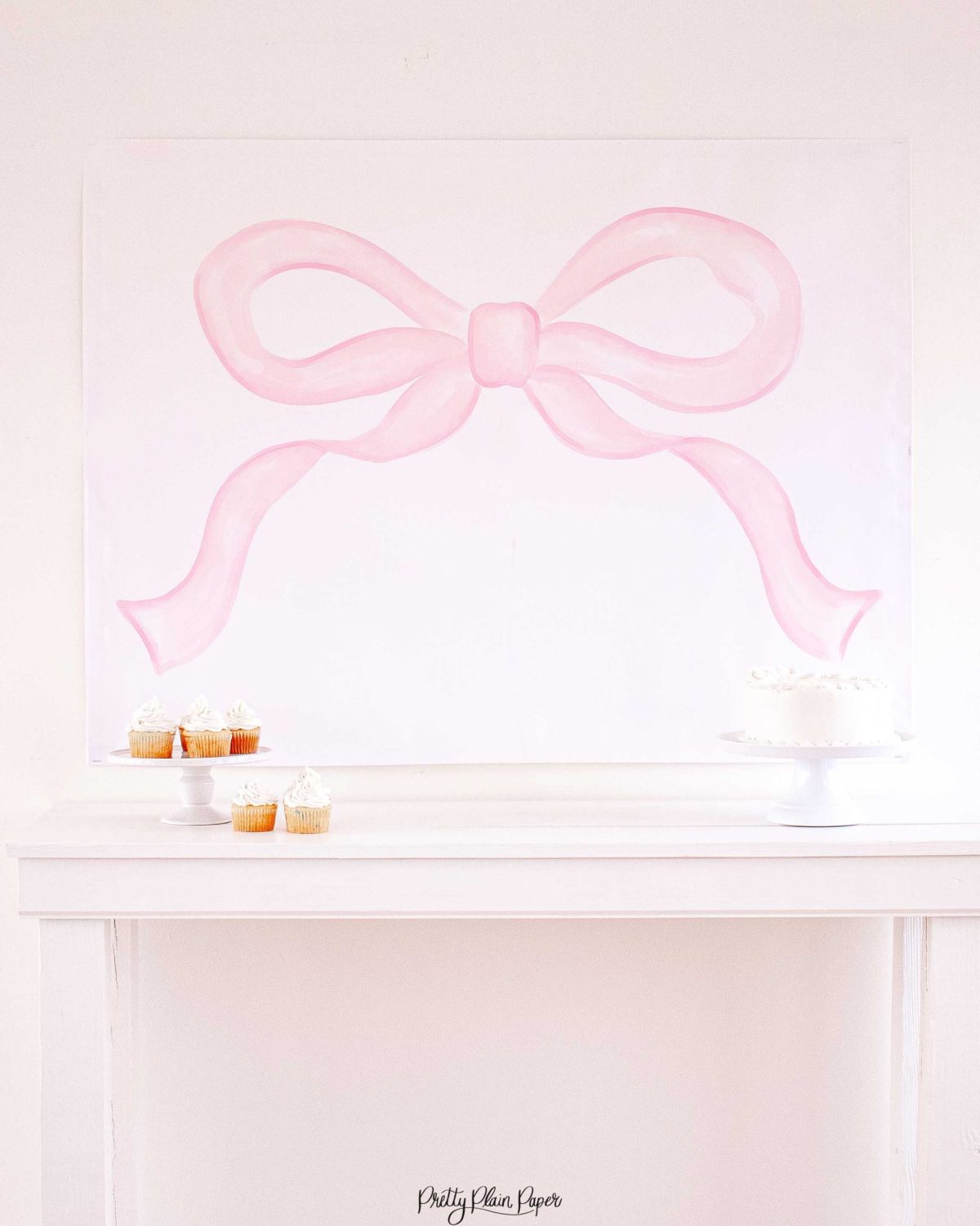 Watercolor Pink Bow Party Backdrop by Pretty Plain Paper for a Pink Bow Birthday or a Pink Bow Baby Shower
