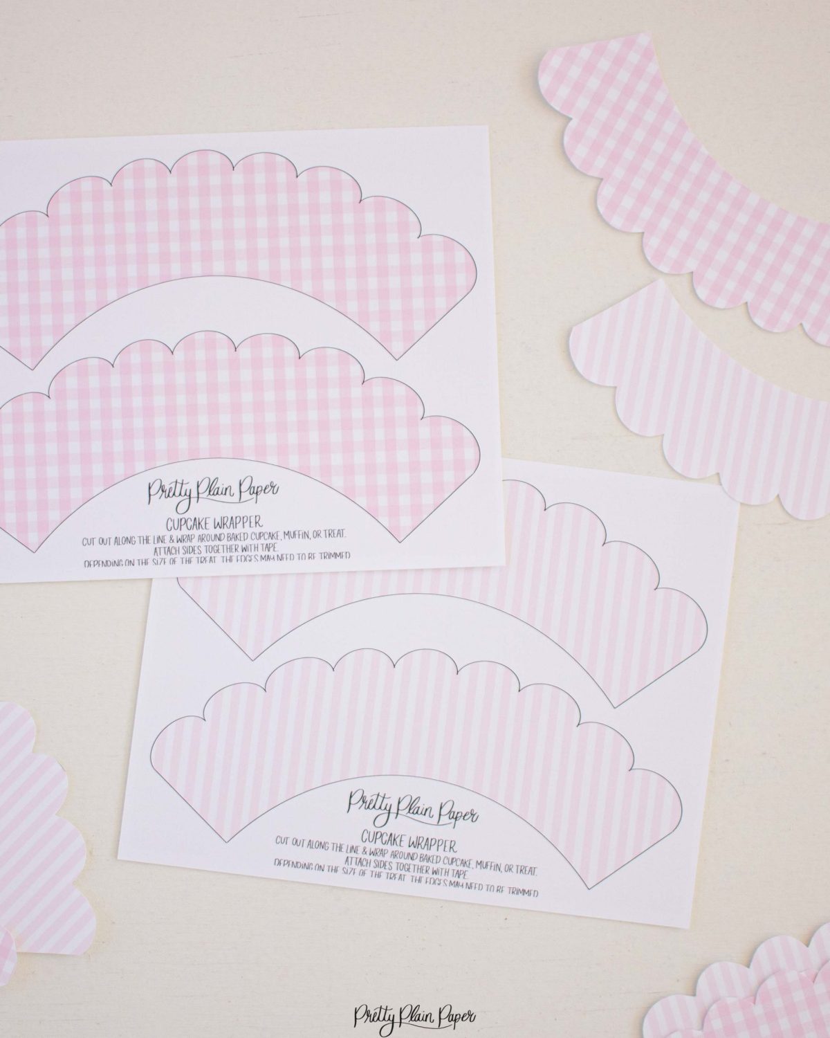 Pink Gingham Cupcake Wrappers and Pink Stripe Cupcake Wrappers with Scallop Edge by Pretty Plain Paper