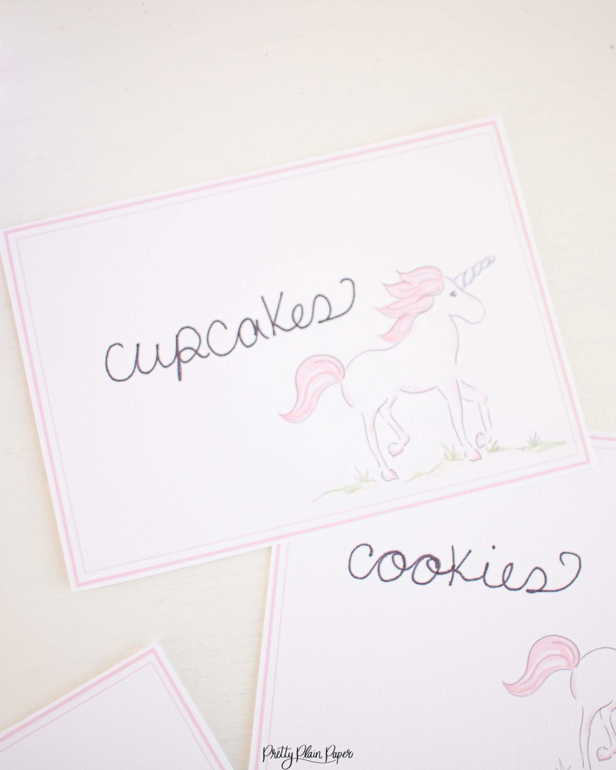 Watercolor Pink Unicorn Food and Beverage Labels by Pretty Plain Paper for a Pink Unicorn Birthday Party or Baby Shower