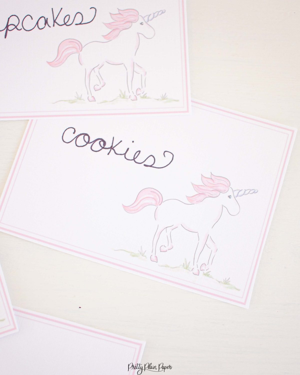 Watercolor Pink Unicorn Food and Beverage Labels by Pretty Plain Paper for a Pink Unicorn Birthday Party or Baby Shower