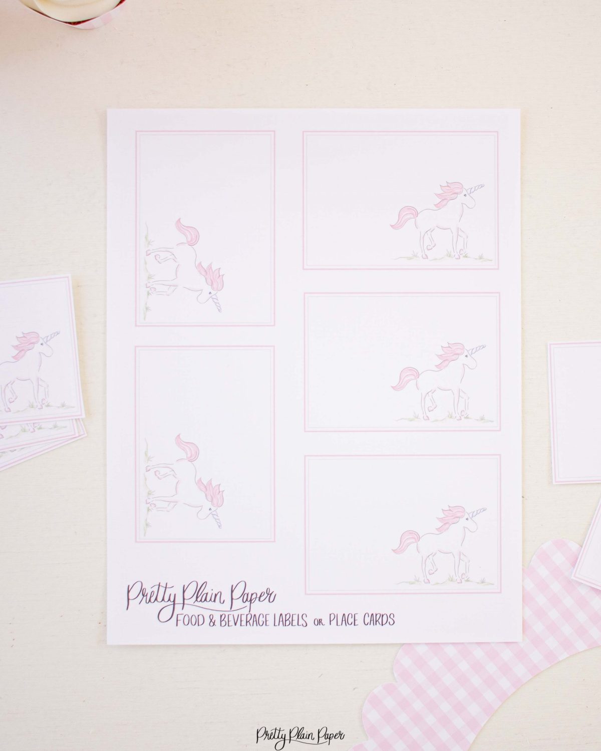 Watercolor Pink Unicorn Food and Beverage Labels by Pretty Plain Paper for a Pink Unicorn Birthday Party or Baby Shower